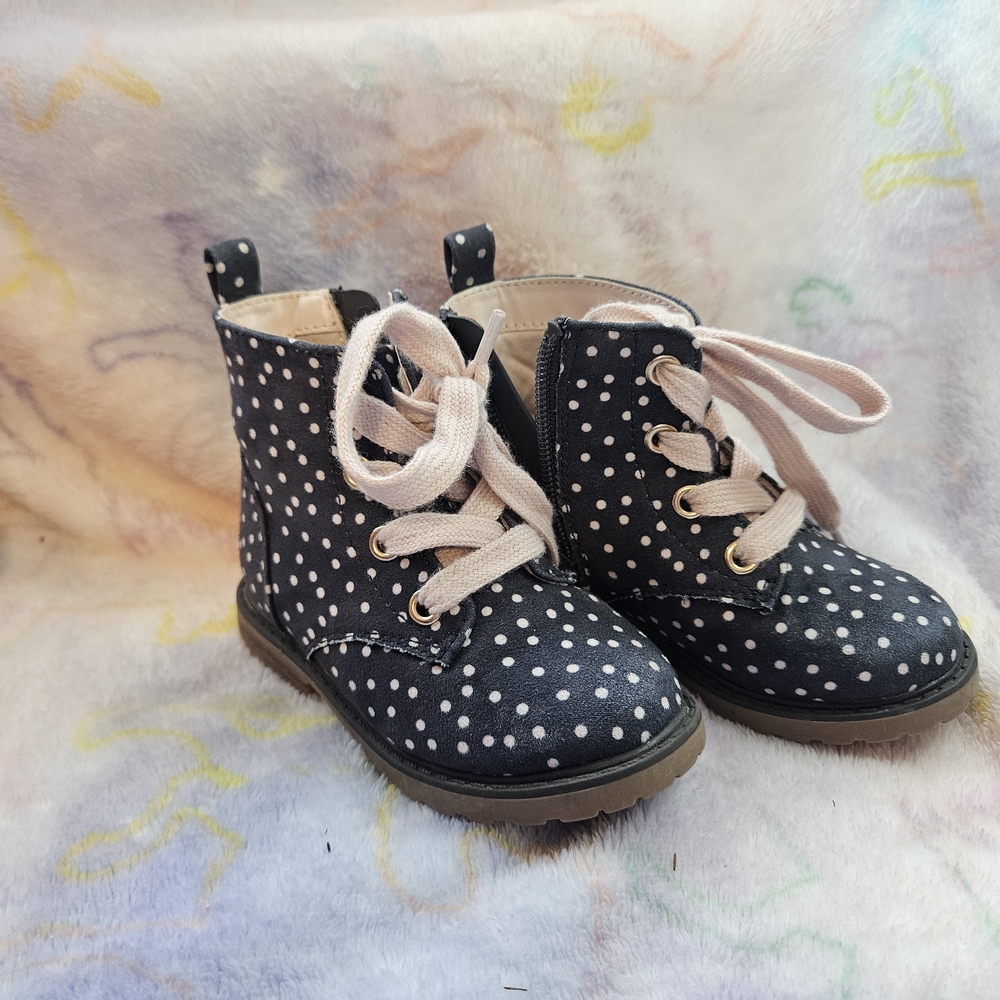 Kids Navy Polka Dot Lace-Up Zipper Boots with Pink Laces